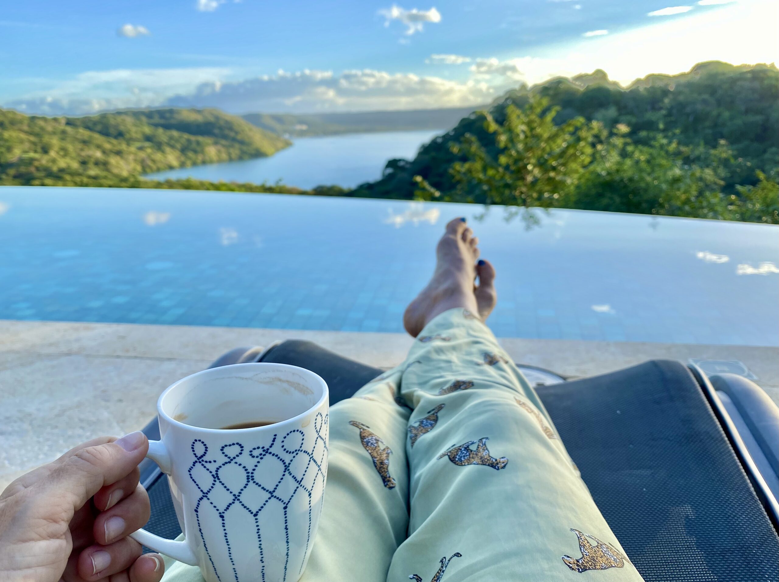 Morning coffee overlooking an infinity pool and the Pacific Ocean in Peninsula Papagayo, Costa Rica.
